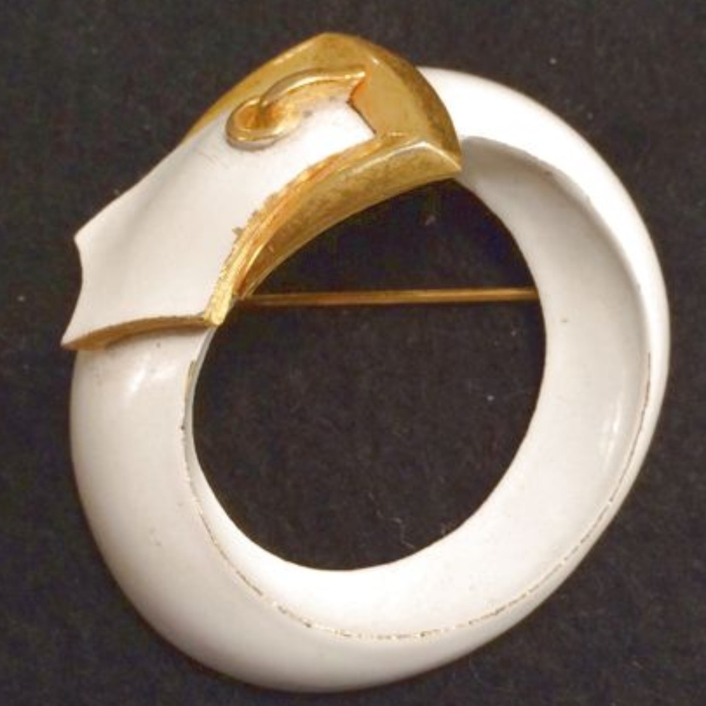Vintage Crown Trifari White Enamel Buckle Brooch